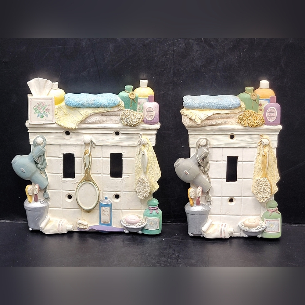 Set Of Bathroom Decor Light Switch Plate Covers Hair Dryer Towels Bath Theme
